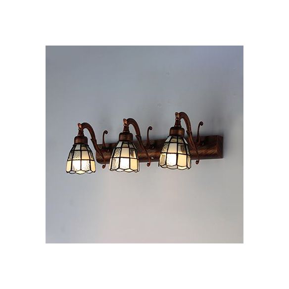 Stained Glass Dome Wall Lighting with Square/Blue Square Pattern and Linear Backplate Vintage Retro 3 Lights Sconce Lighting in Copper/Antique Brass/Brass