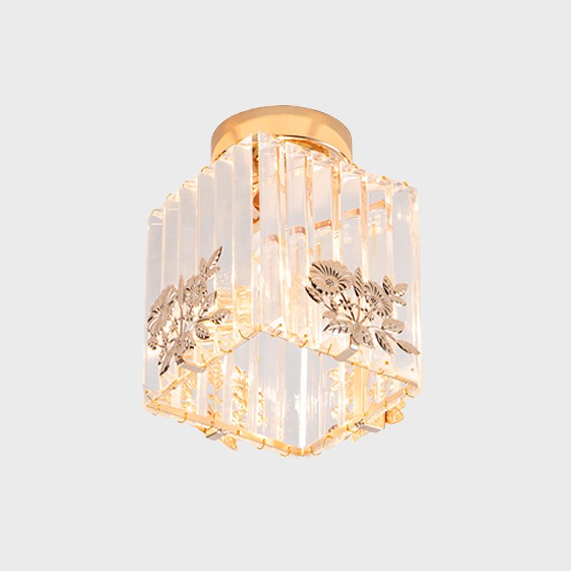 Cube Shape Semi Flush Light Fixture Nordic 1-Bulb Carved Crystal Ceiling Mounted Light in Gold