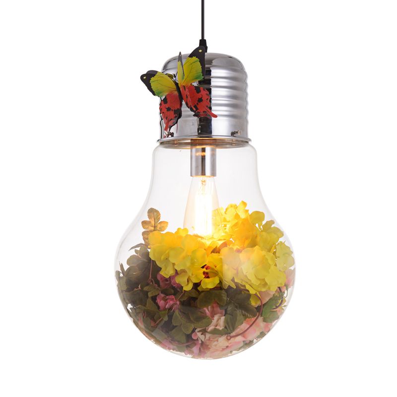 Bulb Shape Restaurant Suspension Light Art Deco Clear Glass 1-Head Silver Flower Down Lighting Pendant, 6"/8.5"/12" W