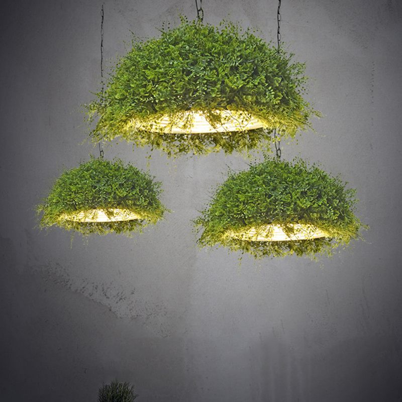 1 Bulb Iron Suspension Lighting Retro Green Dome Restaurant Pendant Ceiling Light with Plant Decor