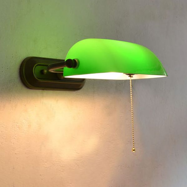 Green Banker Wall Light without/with Pull Chain Tiffany Stained Glass 1 Head Wall Mount Fixture for Bedside