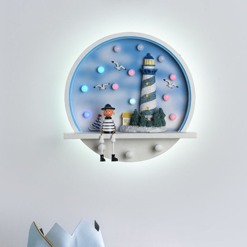 Wood Lighthouse Wall Sconce Kids LED Round Wall Lighting in White and Blue, White/3 Color Light