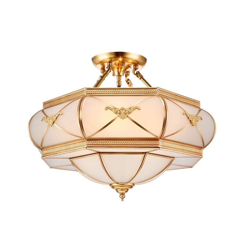 Hat Semi Flush Light Colonial Opal Glass 6 Heads Brass Ceiling Mounted Fixture for Living Room, 16"/18"/21.5" Wide