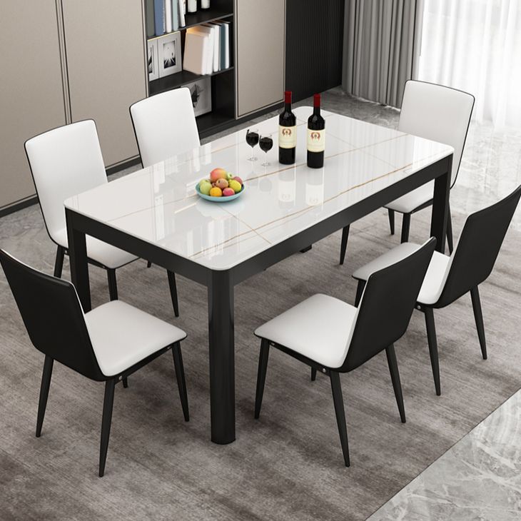 Rectangular Dining Table Modern Glass Tabletop with Black Steel Legs