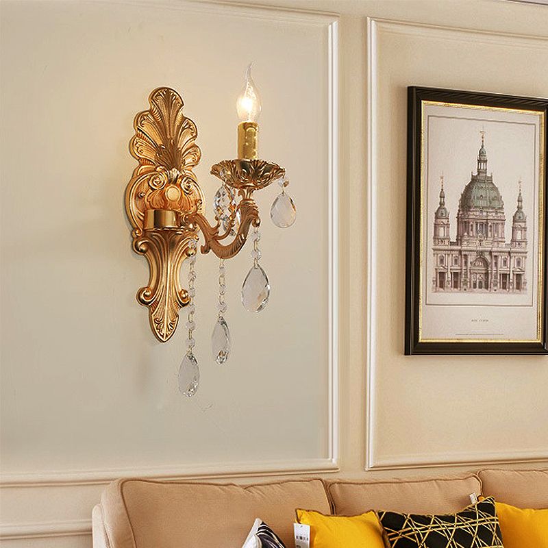 Candelabra Wall Light Fixture Postmodern Metal 1/2 Heads Living Room Sconce Light in Brass with Crystal Drip Accent