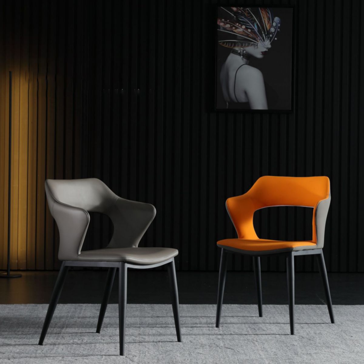 Sillones de comedor de cuero Sillas tapizadas con brazos con respaldo abierto y patas de metal