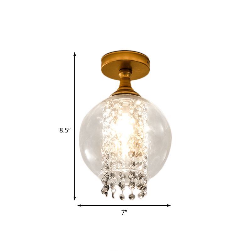 1 Bulb Globe/Cylinder Semi Flush Light Modern Glass and Metal Ceiling Light with Crystal Bead Accent in Brass Finish