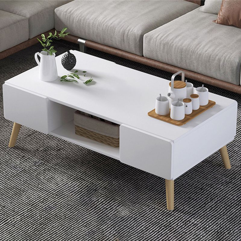 Modern Rectangle Wooden Coffee Table 4 Legs Cocktail Table with Storage
