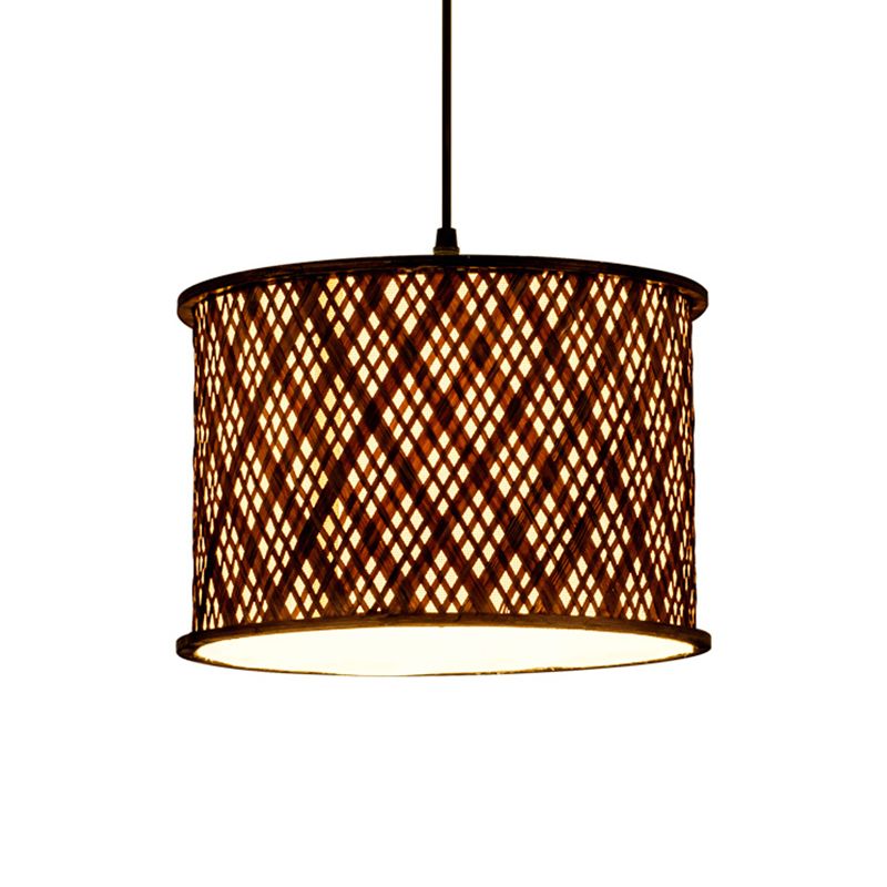 Dark Brown Woven Suspension Pendant Contemporary 1 Bulb Bamboo Hanging Light Kit