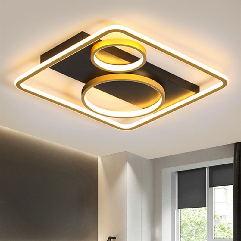 Square Flush Mount Lamp Modernist Metal LED Black Flush Light Fixture with Dual Rings Design