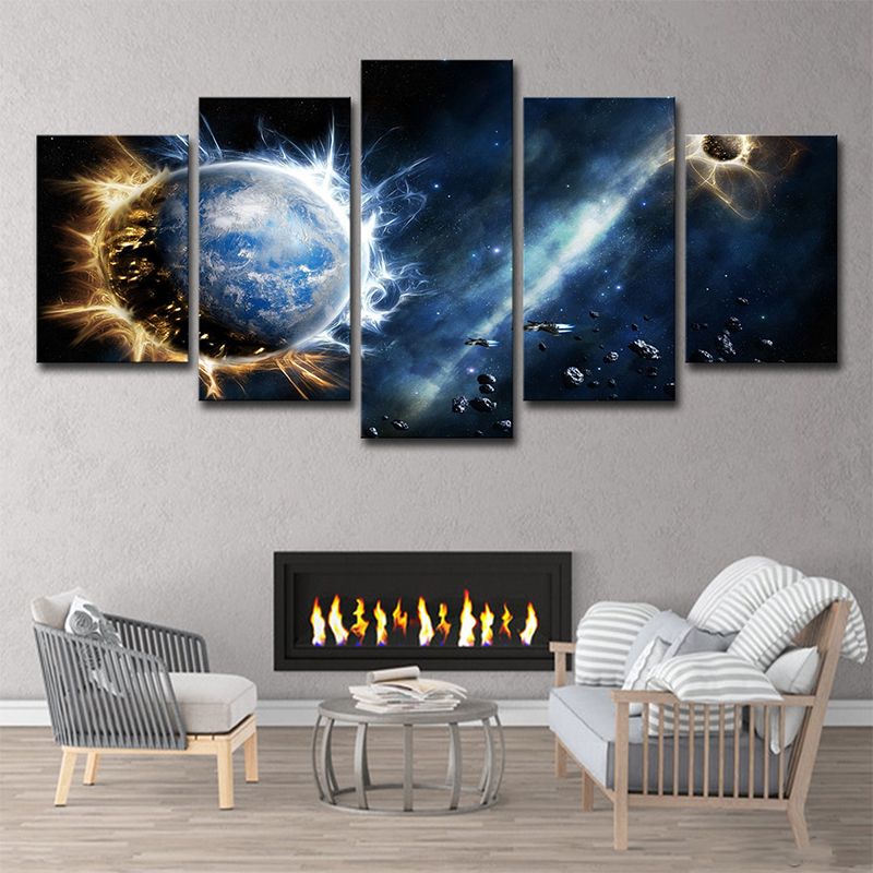 Dark Blue Sci-Fi Canvas Print Aerolite and Planet Wall Art for Childrens Bedroom