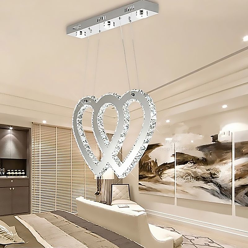 Moderniste Double Heart Chandelier Éclairage Crystal LED Hanging Lightture en argent pour table à manger