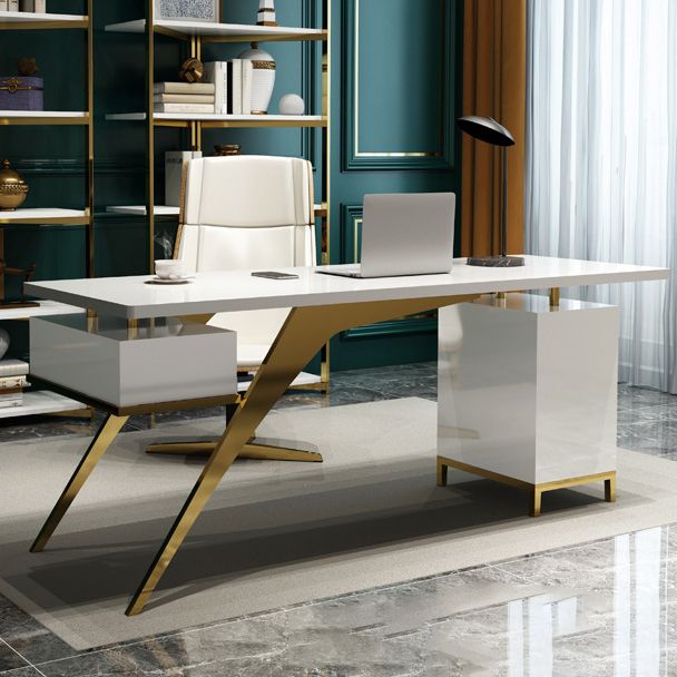 White and Black Writing Desk Glam Stone Pedestal Office Desk with File Cabinet