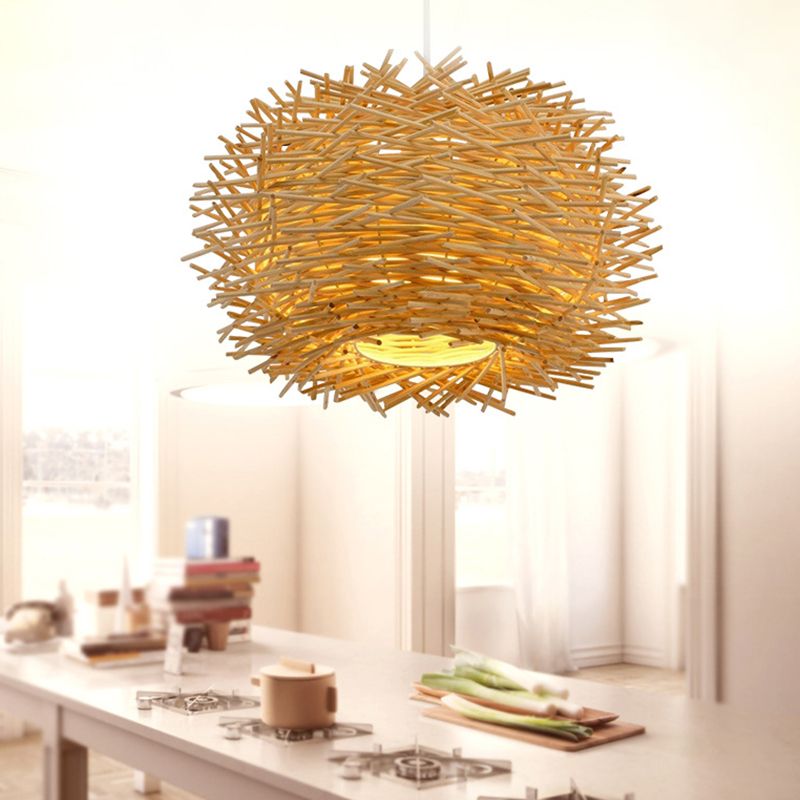 Bird Nest Pendant Light Kit Japanese Rattan Living Room Hanging Ceiling Light in Beige