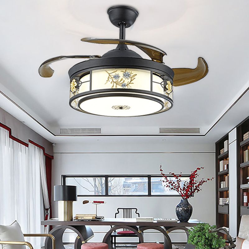 LED Ceiling Fan Light Classic Circular Metal Semi Flush Mount Lighting in Black, Remote Control/Wall Control/Frequency Conversion