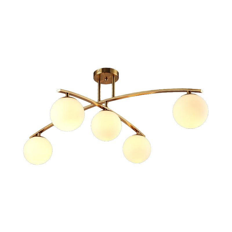 Modern Sphere Shade Semi Ceiling Mount Light Opal Glass Gold Ceiling Lamp for Study Room