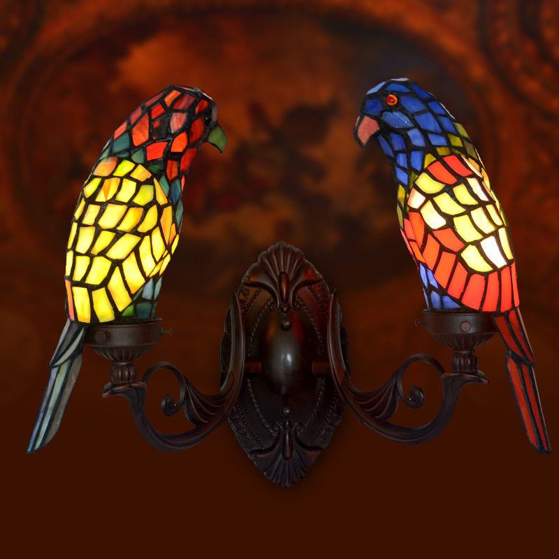 Single-Bulb Wall Light Classic Parrot Stained Glass Wall Lighting Fixture for Living Room