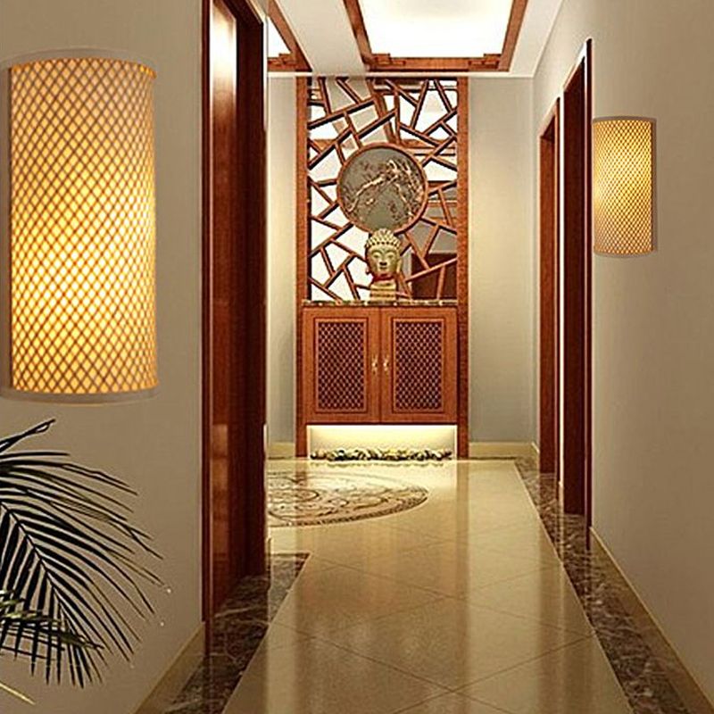 Half-Cylindrical Flush Mount Wall Light Minimalist Bamboo 1 Head Hallway Wall Sconce in Beige