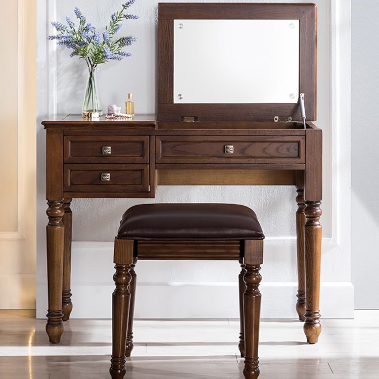 30.7" Height 2-Drawer Brown Solid Wood Dressing Table Mirror Makeup Vanity