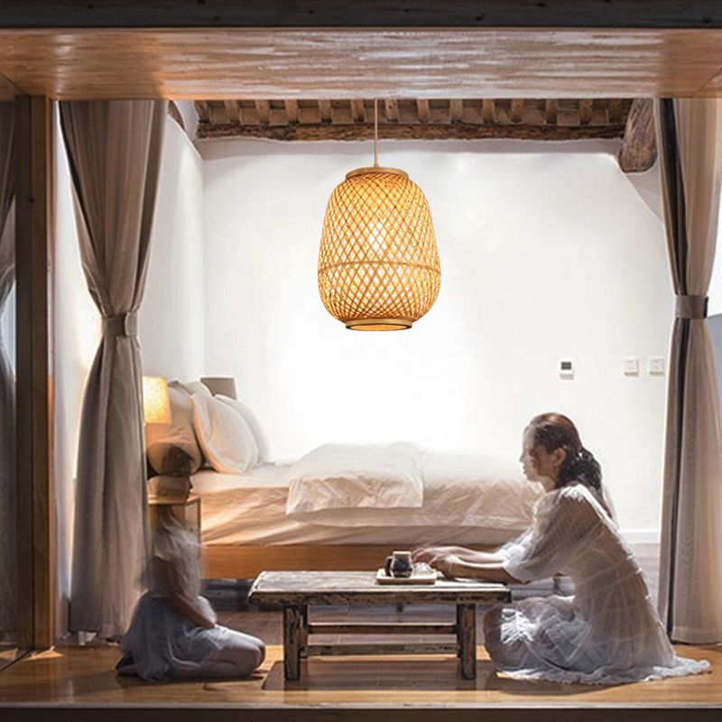 Lantern Shaded Bamboo Suspension Lighting Minimalist 1 Head Wood Pendant Ceiling Light
