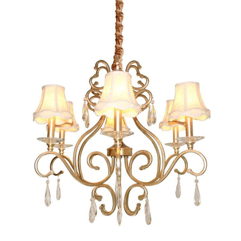 Fabric Shade Crystal Teardrop Chandelier Traditional 6-Bulb Hallway Ceiling Light in Gold