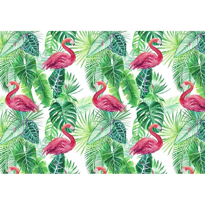 Tropical Leaves and Flamingo Mural Wallpaper for Home Decor, Pink and Green, Personalized Size Available