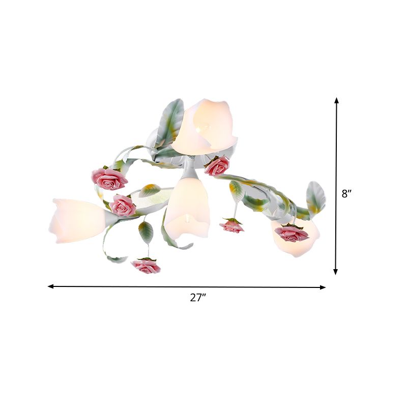 Rose Living Room Semi-Flush Mount Pastoral Metal 4/6/9 Heads Green and White Close to Ceiling Lamp