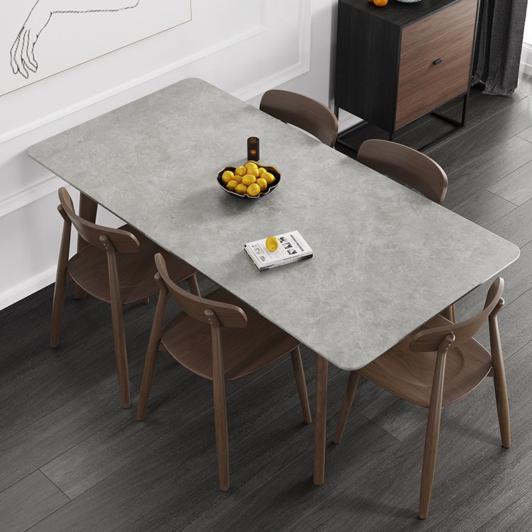 Mesa de comedor moderna de mediados de siglo, mesa de comedor rectangular de piedra sinterizada con base de madera