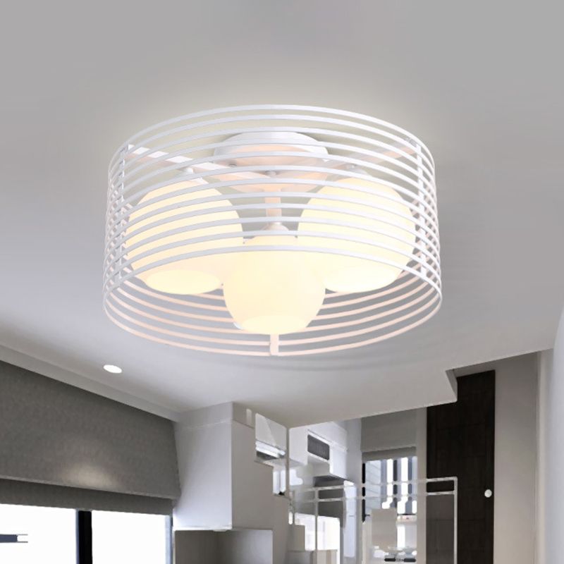 Luz de techo empotrada contemporánea de 3 cabezales con cúpula de vidrio abierta y jaula de tambor en blanco y negro