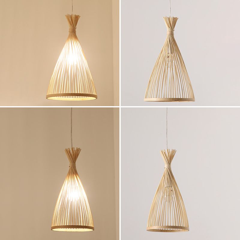 Conical Pendant Lighting Fixture Contemporary Style Bamboo Beige Hanging Ceiling Light