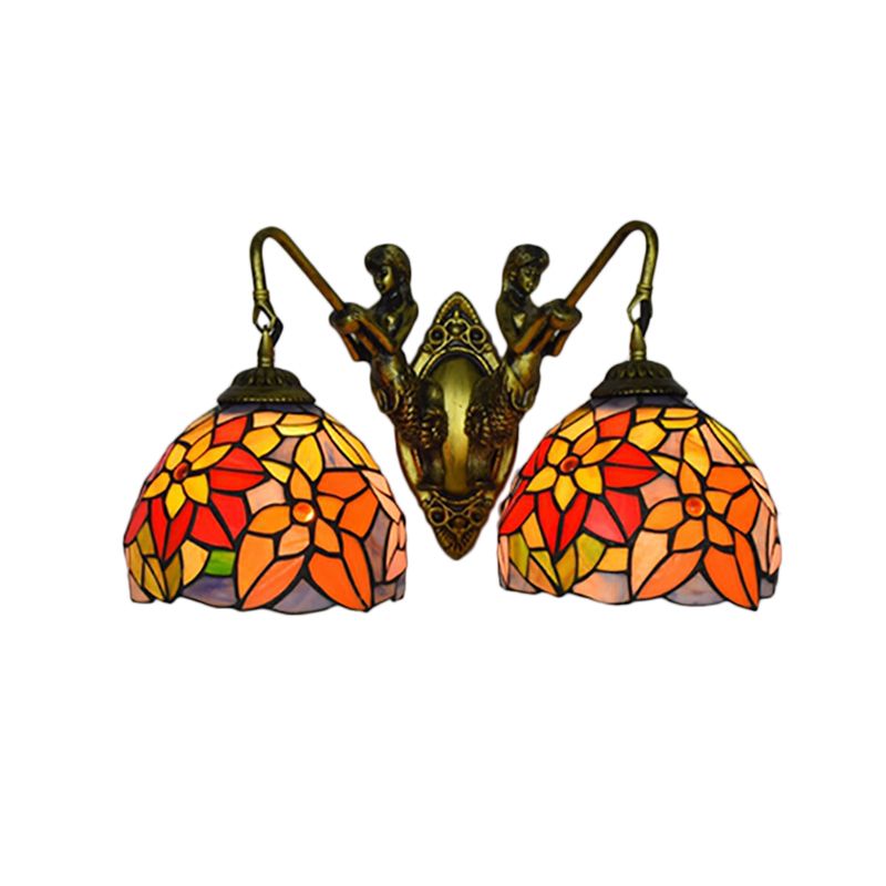 Orange Glass Floral Wall Mount Lighting Baroque 2 Heads Sconce Light with Mermaid Backplate