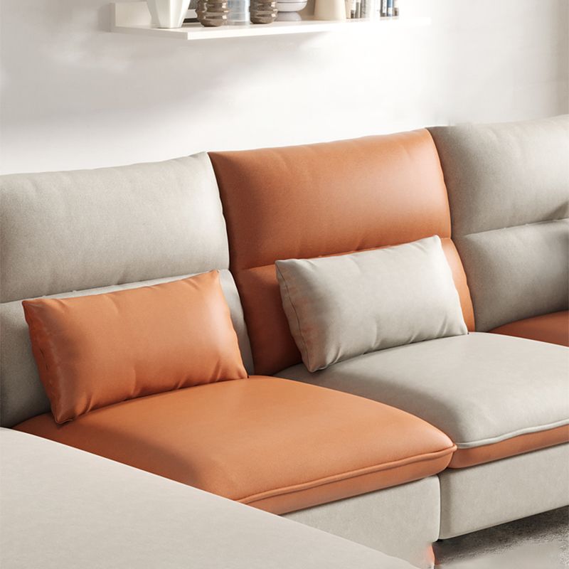Faux Leather Sloped Arms Sectional with Pillowed Back Cushions for Living Room