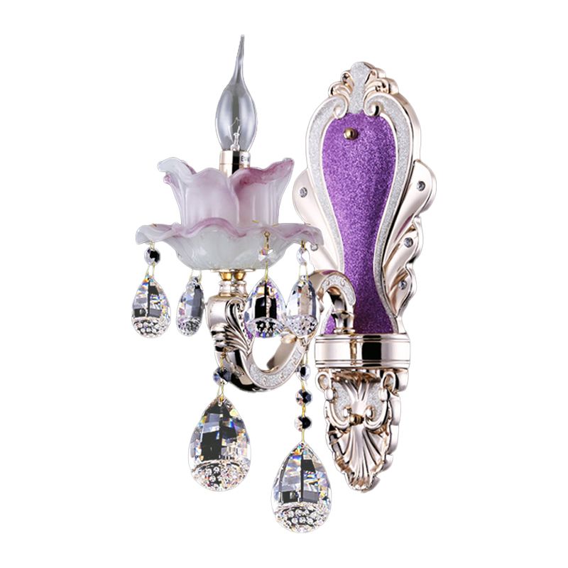 Frosted Glass Purple Wall Lighting Ruffle 1/2-Bulb Modern Style Wall Sconce Light with Teardrop Crystal Drops