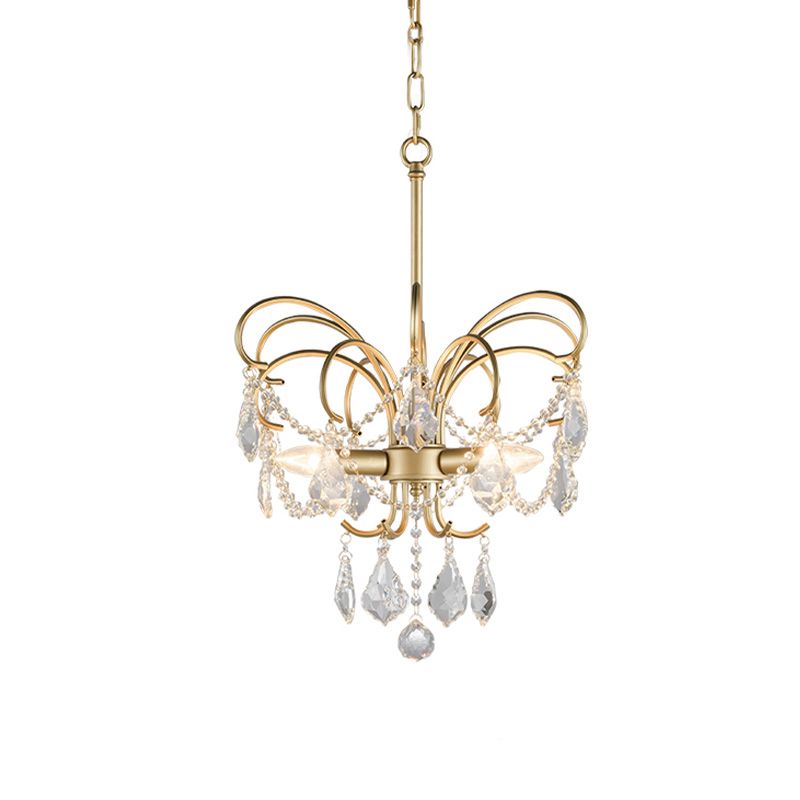 3 Bulbs Butterfly Chandelier Lighting Rural Gold Metal Pendant Lamp with Crystal Strand Decor