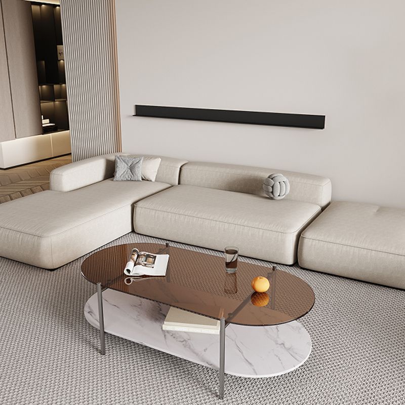 15.74" H Oval Glass Coffee Table Stainless Steel Sled Cocktail Table with Shelf