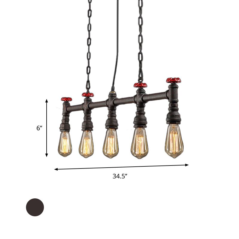 Iron Bare Bulb Island Lighting Industrial 5-Head Dining Room Adjustable Ceiling Light Fixture with Pipe and Valve