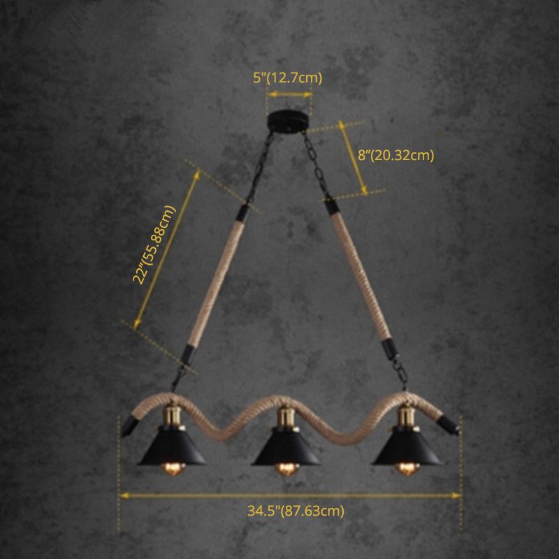 Rope Black Island Pendant Light Cone Antique Island Chandelier Light for Restaurant