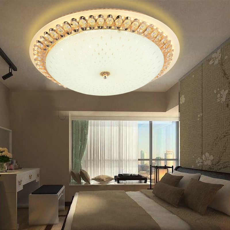 12"/16"/19.5" W Dome White Glass Flush Lamp Modernist LED White Ceiling Mount with Clear Crystal Deco