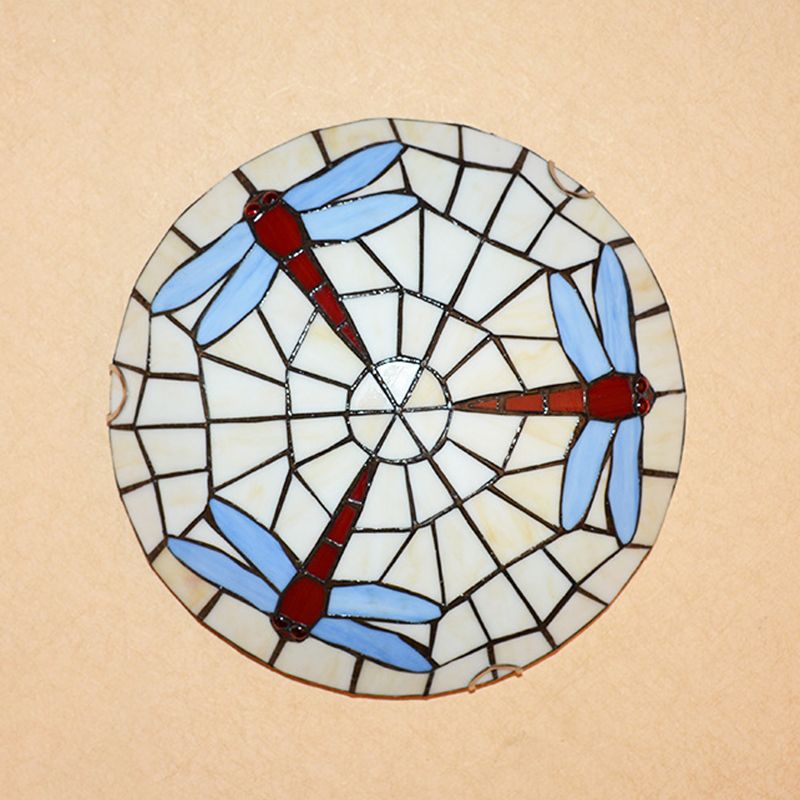 Dragonfly Round Ceiling Lighting Hand-Crafted Glass Tiffany Flush Mount Light in Sky Blue