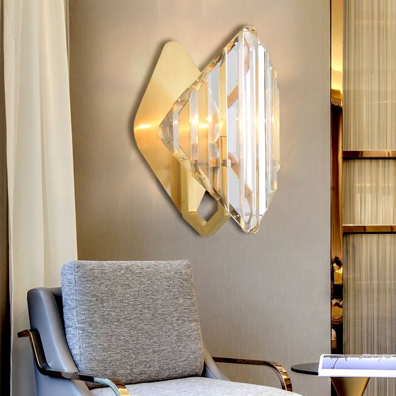 Crystal Rhombus Wall Mount Lamp Post-Modern 1/2-Bulb Wall Lighting Fixture in Gold