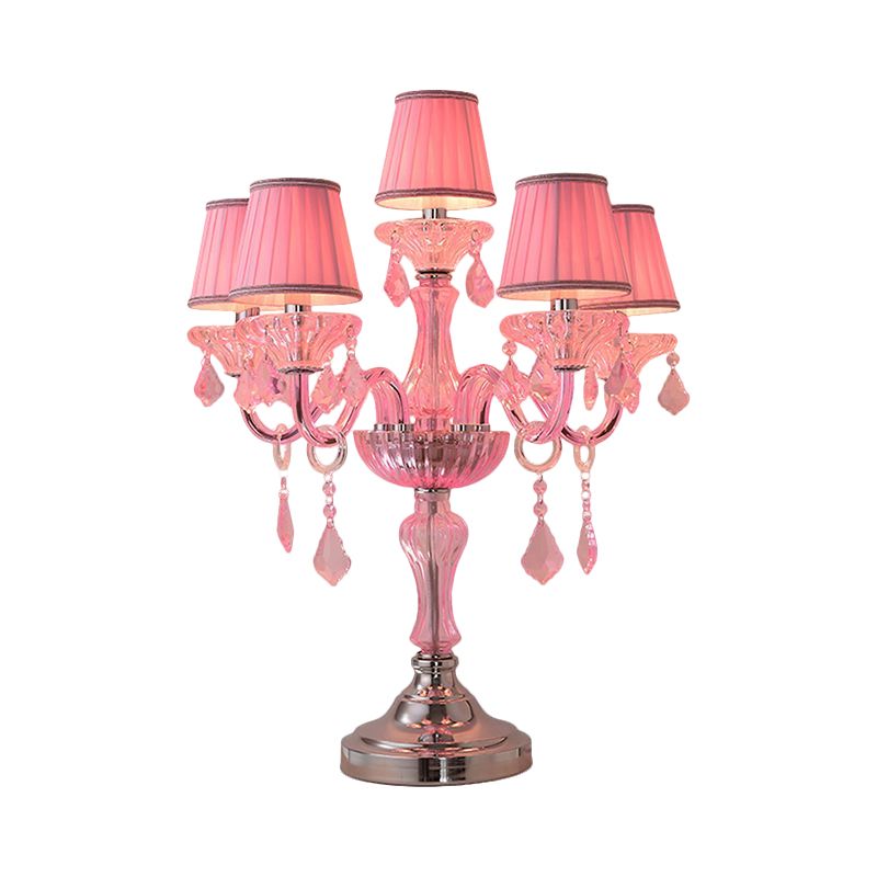 Luz de mesa de dormitorio de velas Luz de cristal tradicional 5/6/7 Bulbos lámpara de mesita de noche rosa con sombra de tela plisada