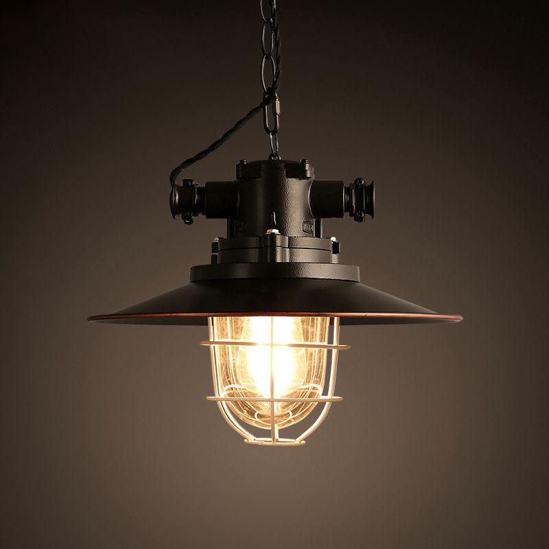 Black 1-Light Pendant Light Kit Factory Metal Saucer Hanging Lamp with White Wire Cage and Glass Shade Inside