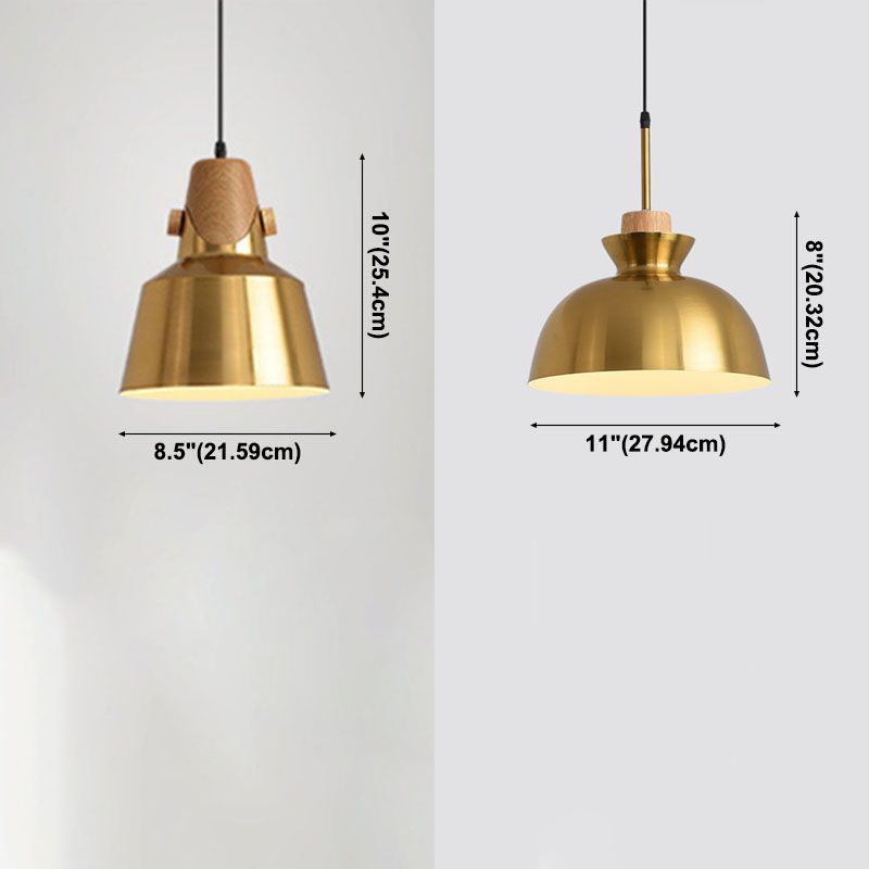 Contemporary Pendant Lights, Brass Metal 1-Light Pendant Light Fixture with Wood Top