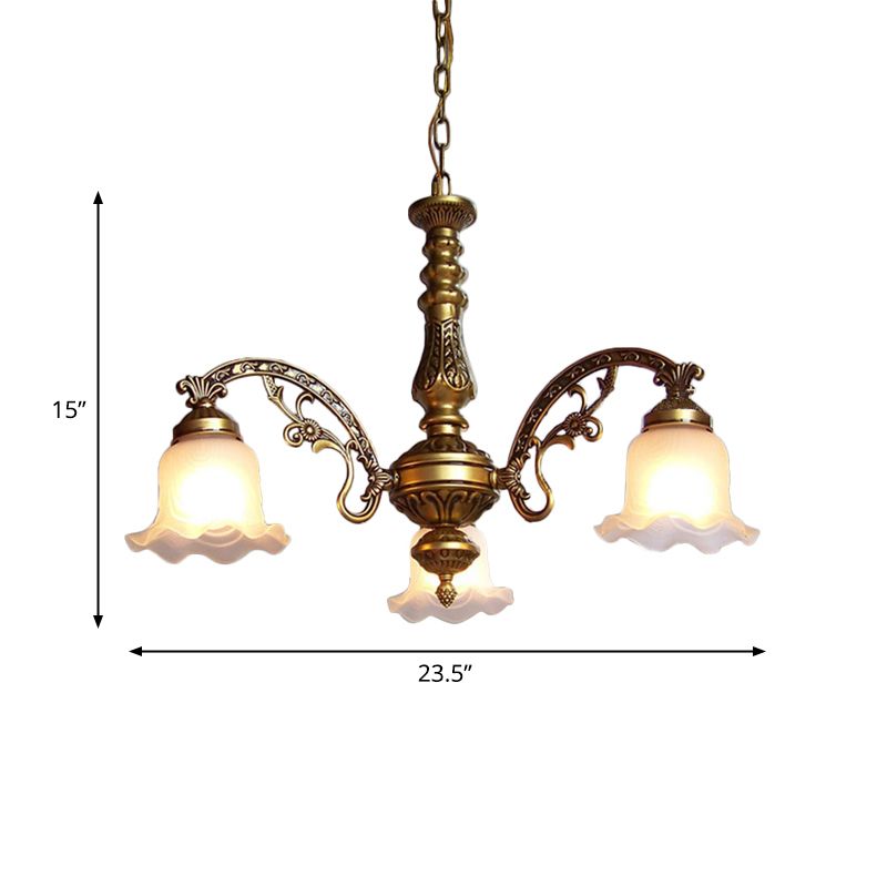 3/6 Bulb Ceiling Lamp with Scalloped Shade Frosted Textured Glass Traditional Dining Room Chandelier in Brass