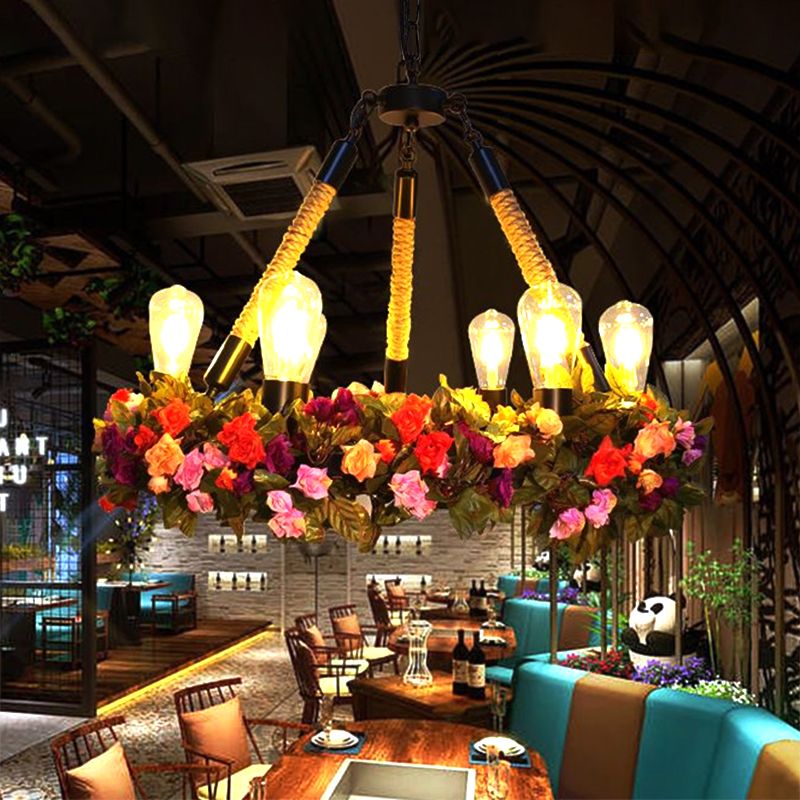 Metal Exposed Bulb Pendant Chandelier Industrial 6-Light Restaurant Pendulum Light with Pink/Green Artificial Floral Deco