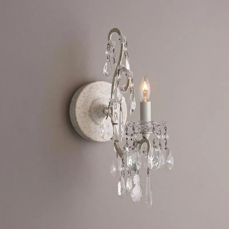 Metal Candle Wall Sconce Dining Room 1-Light Antique Style Sconce Light with Crystal in White