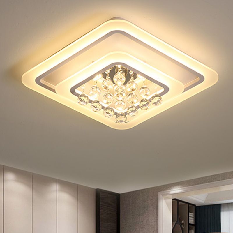 19.5"/23.5"/27.5" W LED Flush Ceiling Light Modern White Square Crystal Flush Mount Lighting, Warm/White Light