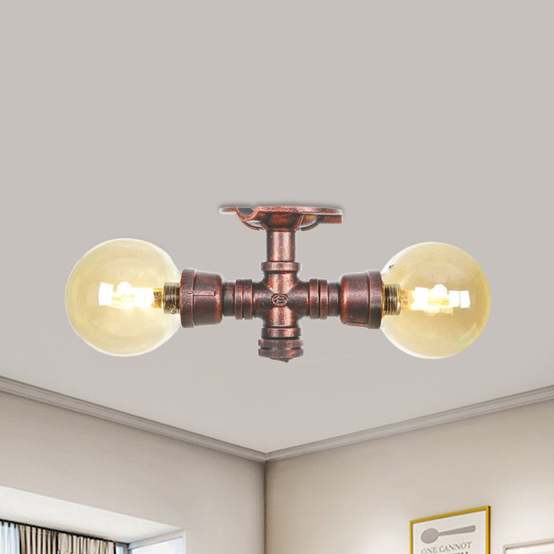 Plafonnier LED en verre ambré et cuivre, boule lumineuse à 2 têtes, luminaire de plafond semi-encastré pour ferme