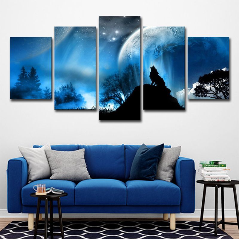 Multi-Piece Blue Canvas Art Kids Digital Print Wolf Howling at the Moon Wall Decor