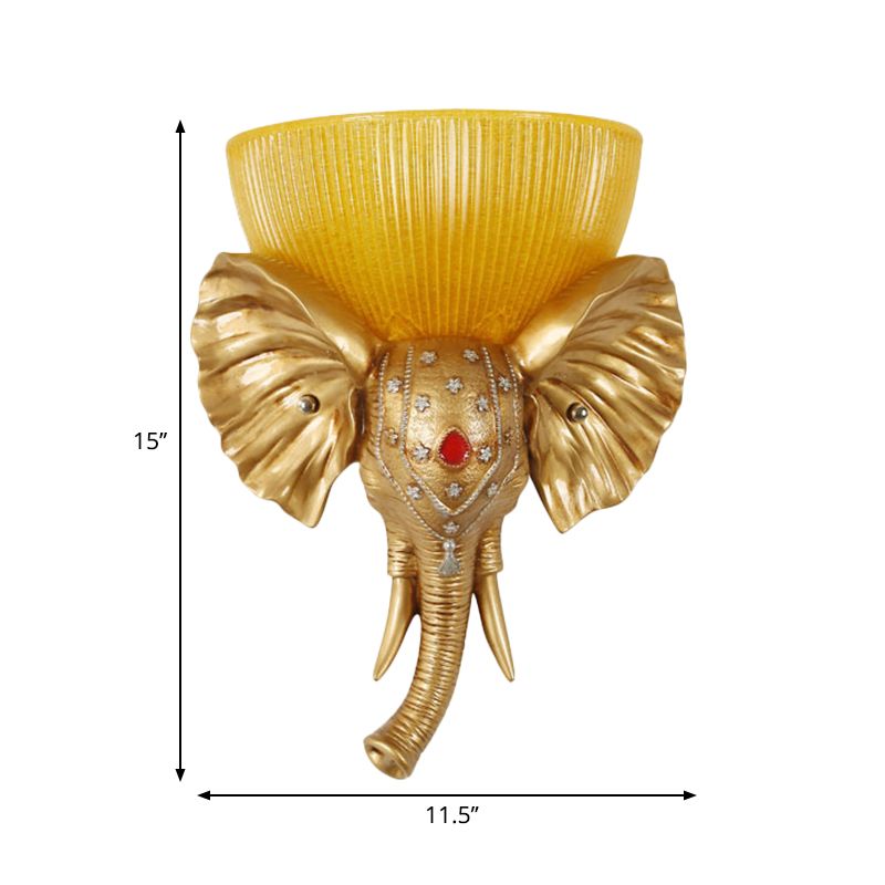 Kolonialschüsselwandhalterung Beleuchtung Bernsteinglas 1 Kopfwandmontierte Lampe mit weißer/goldener Elefantennase nach links/rechts
